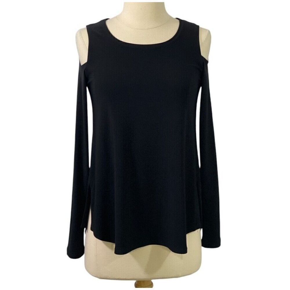 Sympli Black Slinky Knit Cold Shoulder Top Blouse Long Sleeve Versatile Size 4